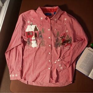 Karen Scott Vintage Red Gingham Christmas Shirt XL Embroidered Snowman Reindeer